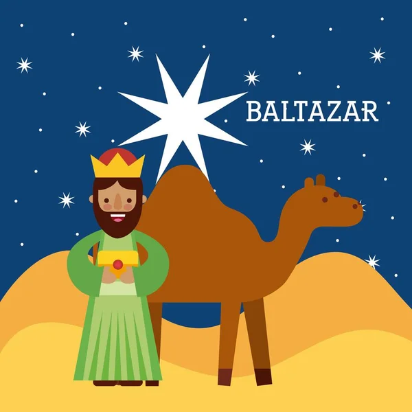Baltazar wise king nad camel wise king manger character bringing gift to jesus — Stock Vector