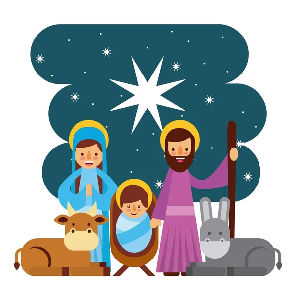 メリー クリスマス神聖な家族伝統的な宗教的なシーン、飼い葉桶の — ストックベクタ