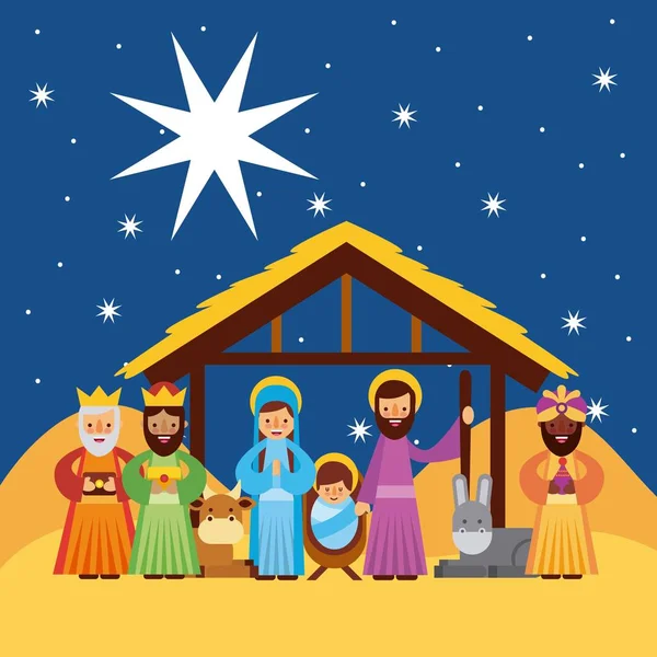 Feliz navidad saludos con Jesús nacido en pesebre jovenes y Mary sabios personajes del rey — Vector de stock