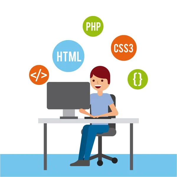 Man programmer working on his pc computer coding and programming — Stock Vector