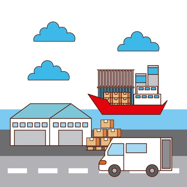 Armazém van carro e navio de transporte logístico — Vetor de Stock