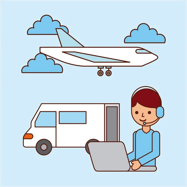 Pekerja pesawat laptop dan pengiriman truk logistik - Stok Vektor