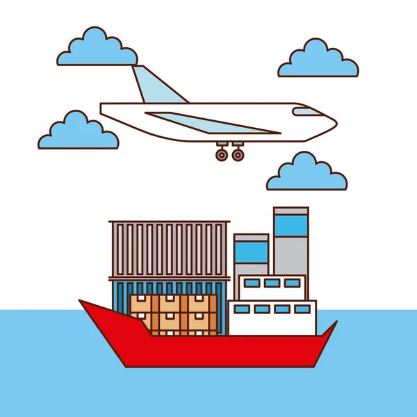 Transporte logístico de aviones y barcos cajas y contenedores — Vector de stock