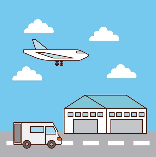 Trasporto aereo e camion consegna magazzino — Vettoriale Stock