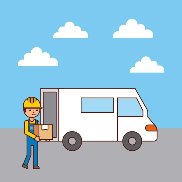 Pracovník logistiky nakládání kamionu s box — Stockový vektor