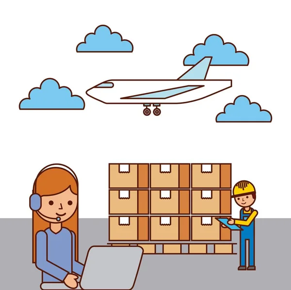 Flicka arbetare laptop och man lådor flygplan — Stock vektor