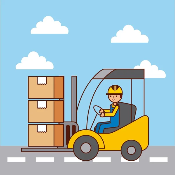 Logistic worker driver forklift loading cardboard boxes by street — Stock Vector