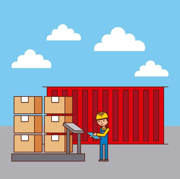 Logistické pracovníka a kontejner cradboard pole na stupnici váhy — Stockový vektor