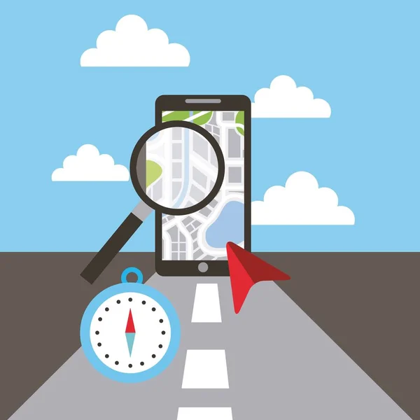 Smartphone maginifer brújula navegación concepto de carretera — Vector de stock