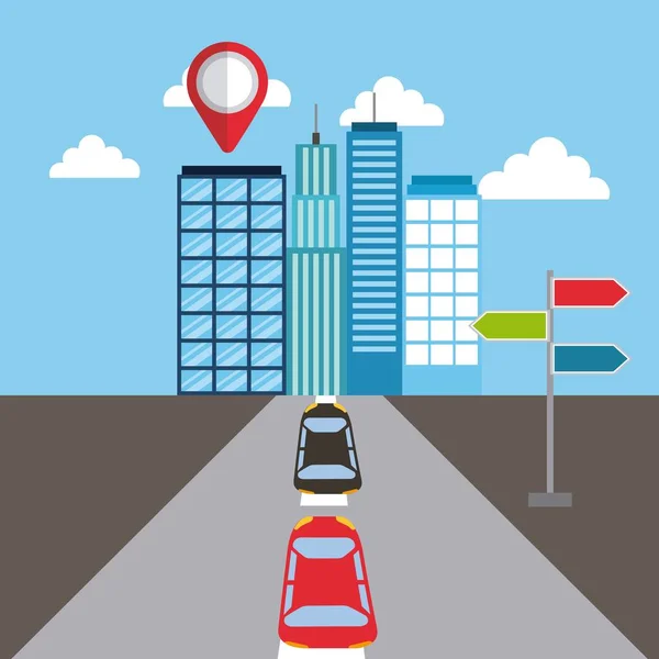 Navigatie gebouwen auto straat aanwijzer locatie — Stockvector