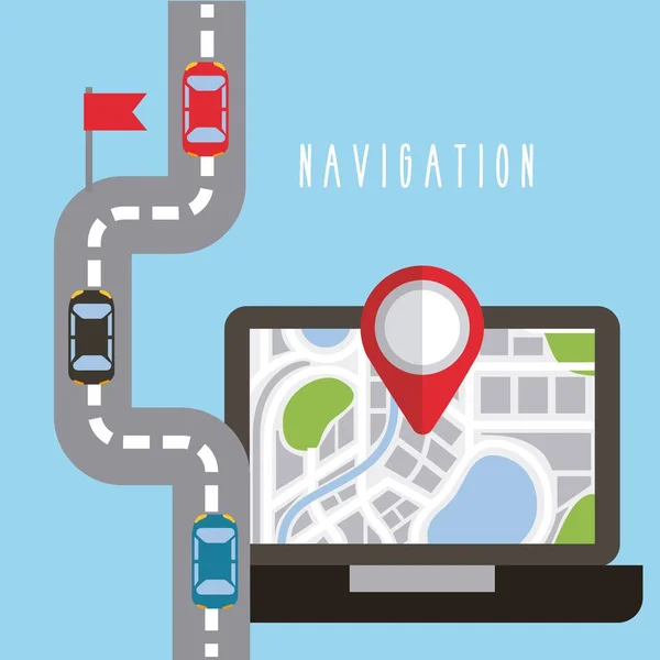 Pantalla portátil de navegación móvil con mapa GPS en la carretera en la ciudad — Archivo Imágenes Vectoriales
