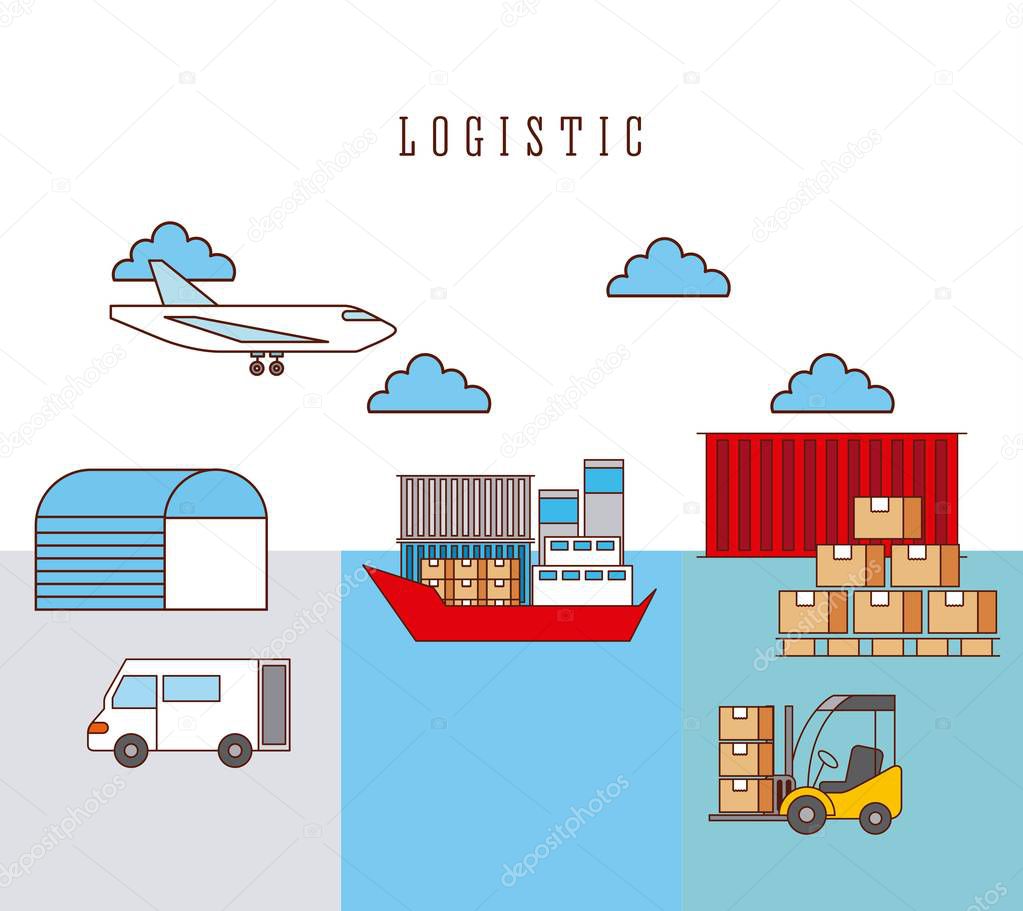 logistic ship truck forklift airplane boxes and container warehouse