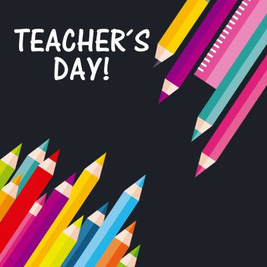 Öğretmenler Günü tebrik kalem renkleri cetvel siyah arka plan üzerine