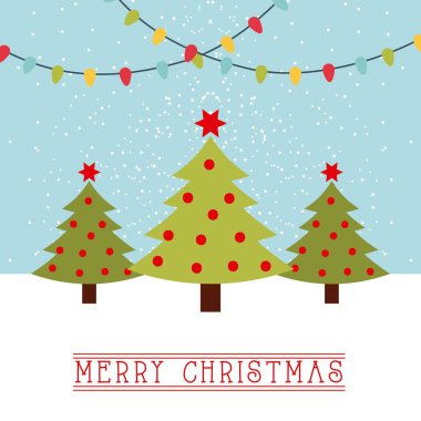 neşeli Noel kartı ağaçları ile asılı yıldız ve top ışık