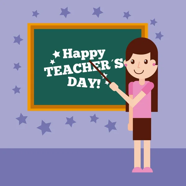 Gelukkig leraar dag kaart leuk meisje staand schoolbord decoratie — Stockvector