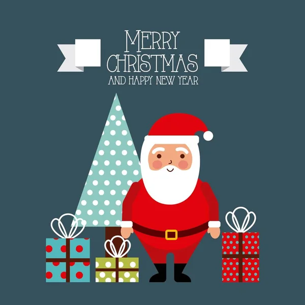 Merry christmas and happy new year card santa and tree gifts — Stock Vector
