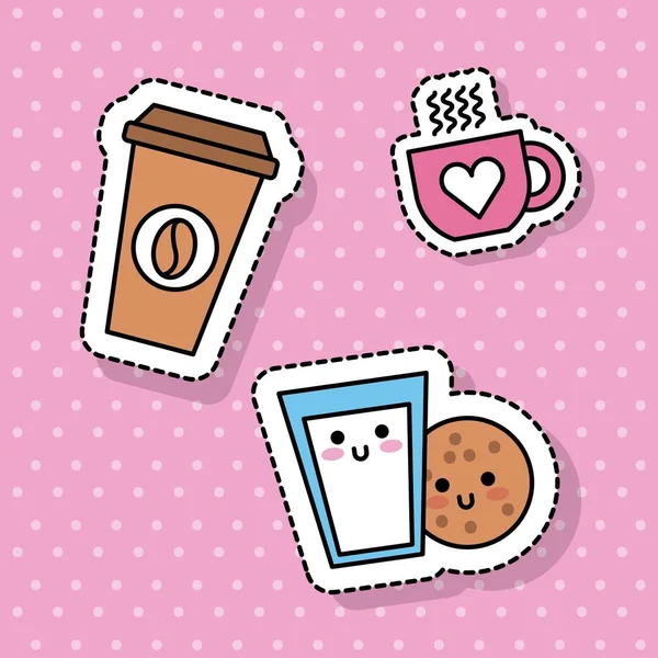 Kawaii šálek kávy mléko cookie snídaně — Stockový vektor