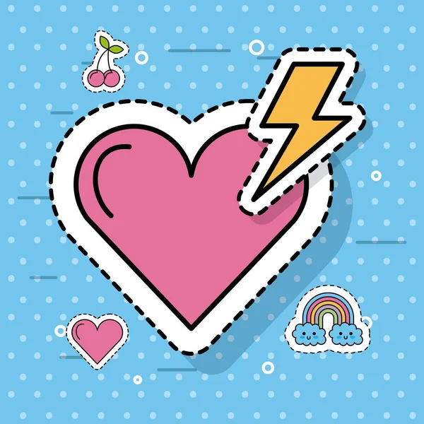 Amor corazón con rayo perno lindo iconos puntos fondo — Vector de stock