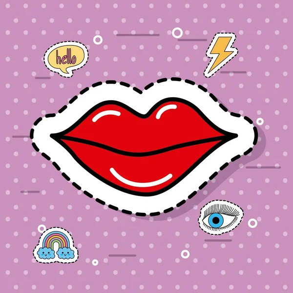 Schattige rode vrouwen lippenstift fantasie pictogrammen sticker — Stockvector