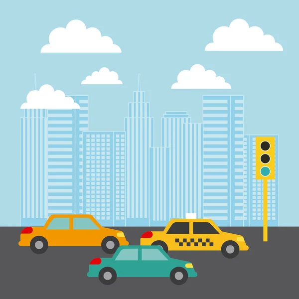 City buildings cars traffic light clouds image — Stock Vector