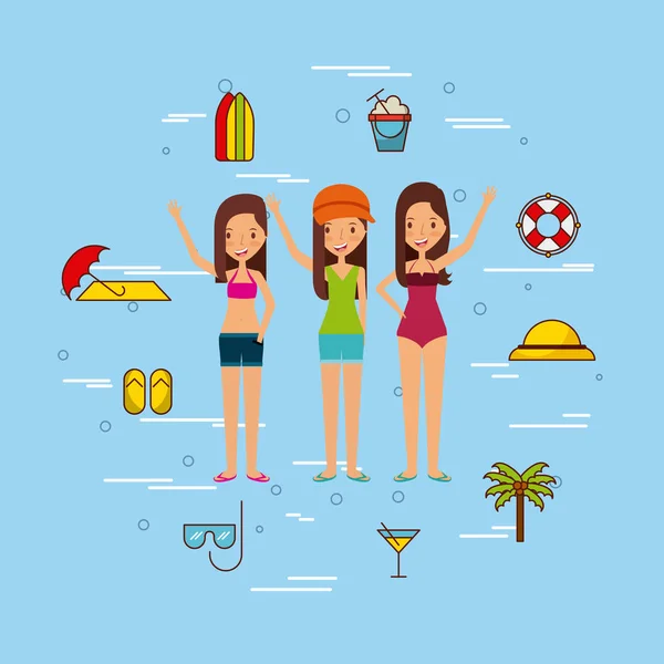 Grupo de chicas playa ilustración — Vector de stock