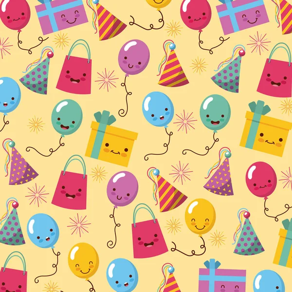 Feliz aniversário kawaii ícones conjunto — Vetor de Stock