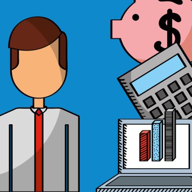 işadamı dizüstü bilgisayar hesap makinesi ve piggy office iş