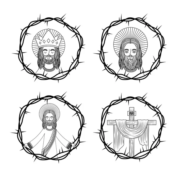Set salib jesus suci dengan mahkota duri gambar tangan - Stok Vektor