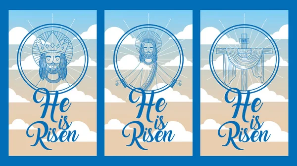 Bannières de collection il est ressuscité Jésus dans l'image du ciel — Image vectorielle