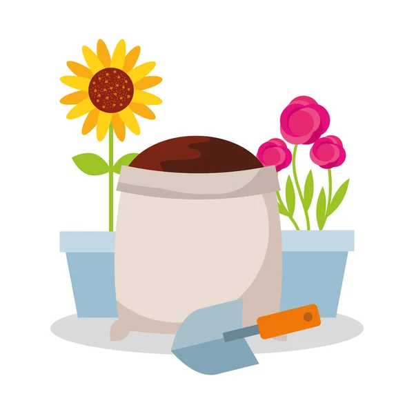 袋に土とシャベルの園芸鉢花バラとひまわり — ストックベクタ