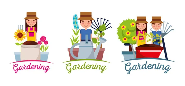 園芸バナー人庭師装置ツリー植物と花 — ストックベクタ