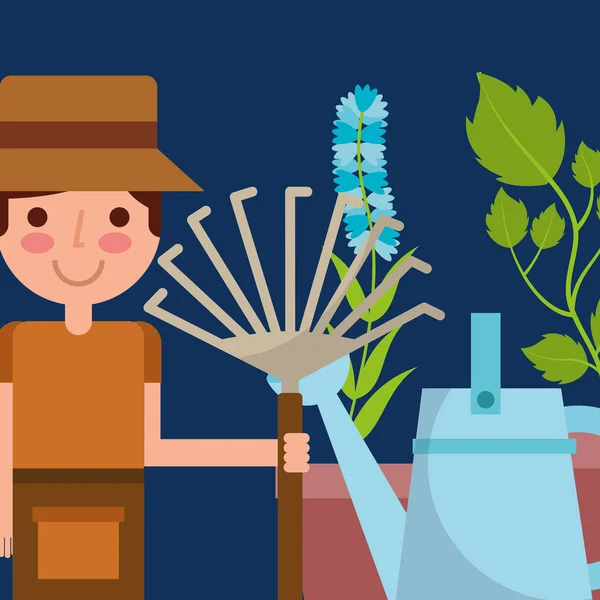 Ευτυχισμένο αγόρι κρατώντας pitchfork ποτιστήρι και λουλούδι φυτών στον κήπο — Διανυσματικό Αρχείο