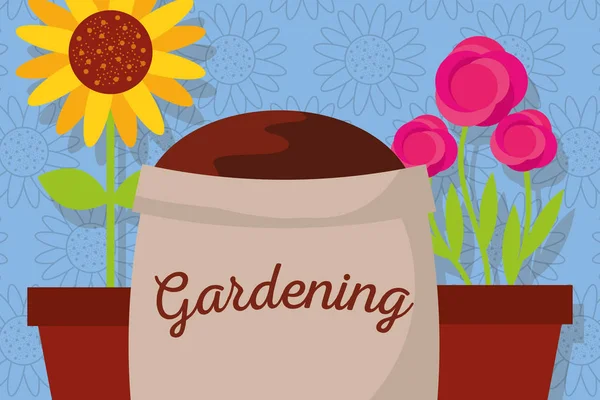 Pancarta de jardinería con flores saco suelo rosas y girasol — Vector de stock