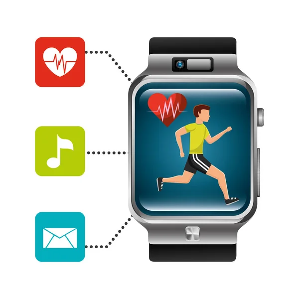 Smartwarch con aplicación de fitness con monitor de frecuencia cardíaca mensaje de música — Vector de stock