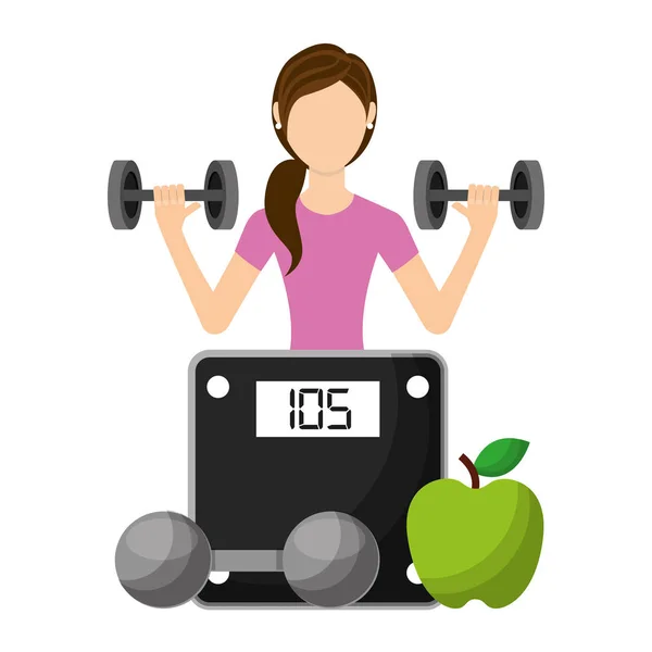 Donna sportiva che solleva un bilanciere pesante con bilancia di frutta e peso — Vettoriale Stock