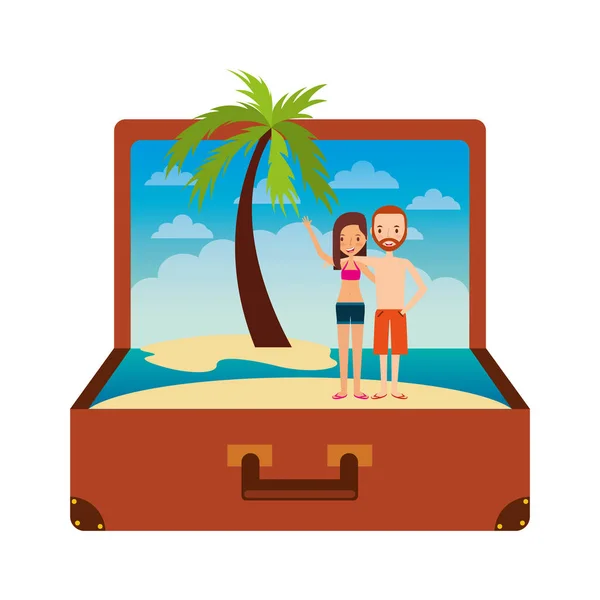 老式的手提箱情侣里面与泳装和海滩风景 — 图库矢量图片