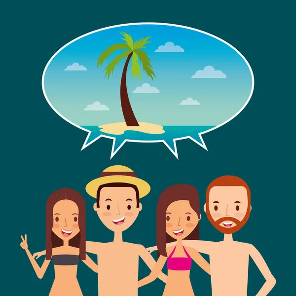 Lidé turistické řeč bublina beach palm — Stockový vektor