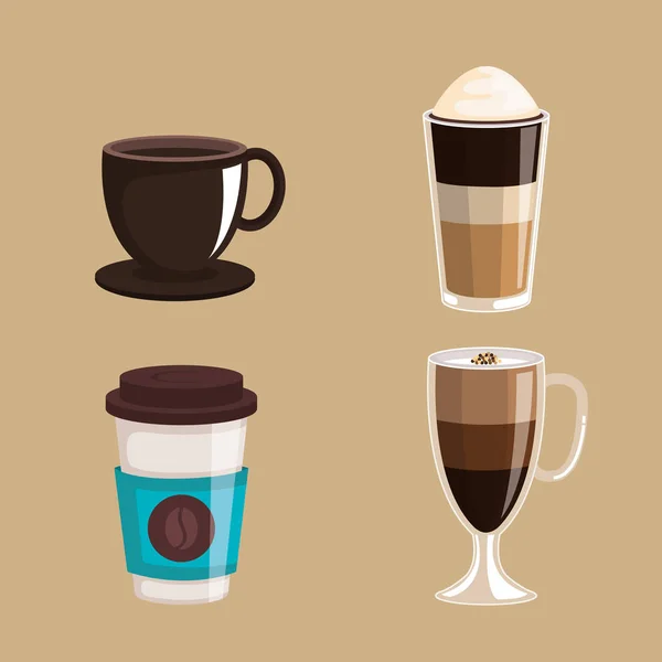 Set Kaffeetassen Elemente Aroma frisches Getränk — Stockvektor