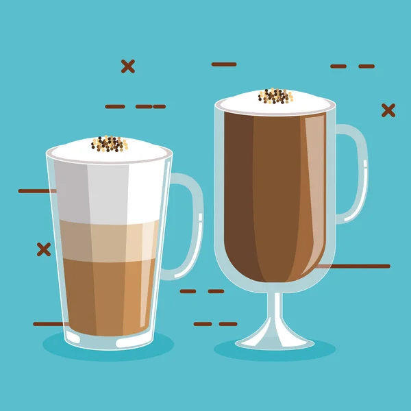 Coffee drinks in glass with foam and cinnamon — Stock Vector