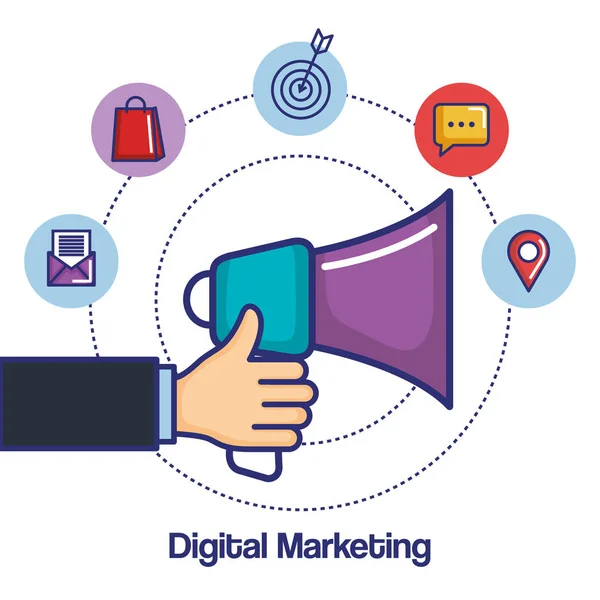 Mano de marketing digital celebración de iconos de medios de aplicación de megáfono — Vector de stock