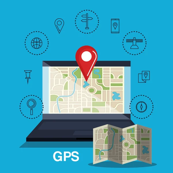 Ordinateur portable avec application GPS — Image vectorielle