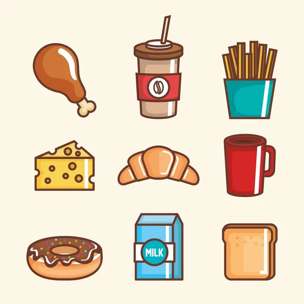 Deliciosos iconos de comida rápida — Vector de stock