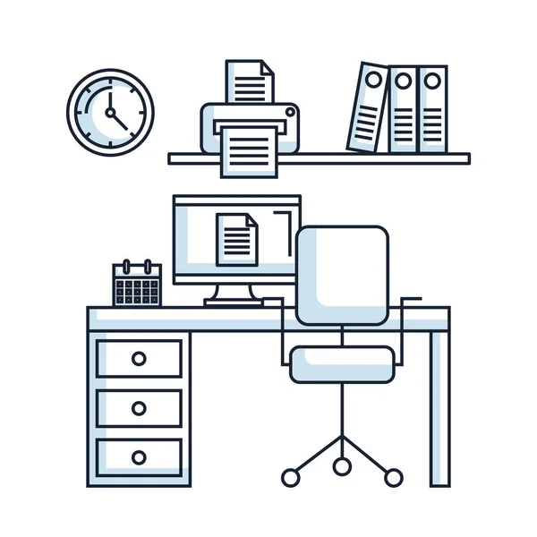 Office workspace desk chair pc printer clock calendar — Stock Vector