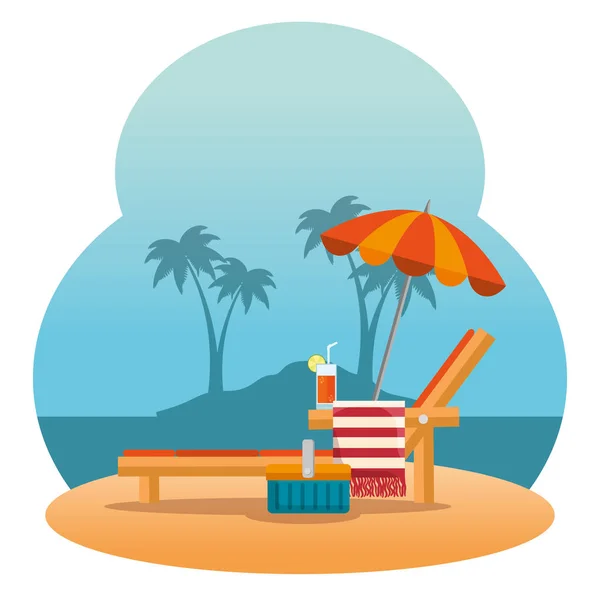 Silla de playa de madera en un diseño de paisaje de playa — Vector de stock