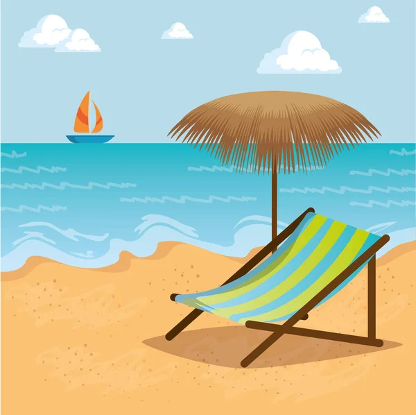 Wooden beach chair on a beach landscape design — Stock Vector