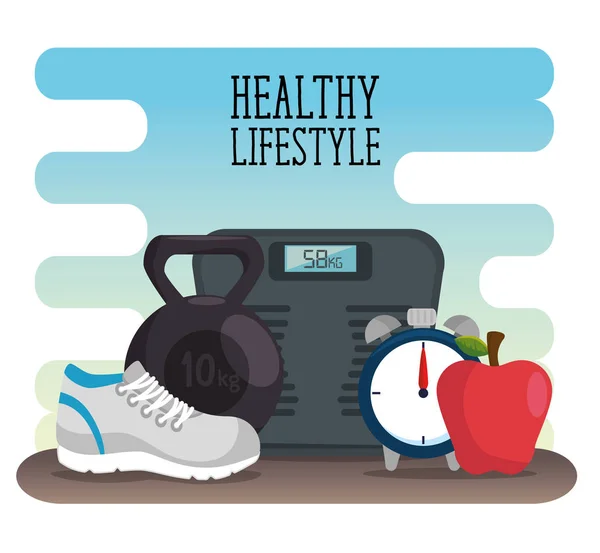 Healthy lifestyle desigh with scale and fruits — Stock Vector