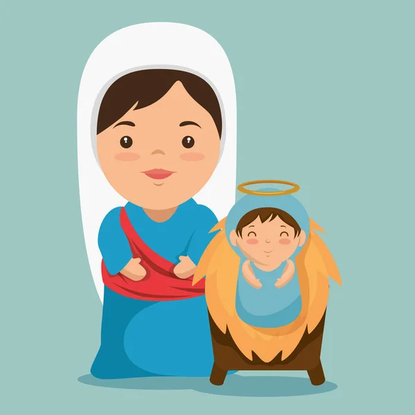 Joyeux noël bébé Jésus couché dans une mangeoire avec Maria — Image vectorielle