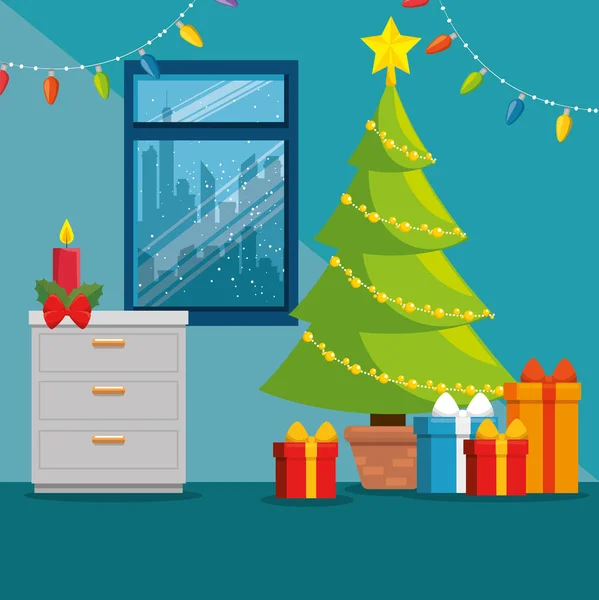 Frohe Weihnachten dekoriertes Büro am Arbeitsplatz — Stockvektor