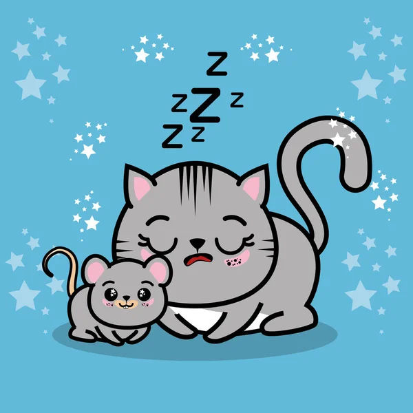 可爱的睡眠小猫与老鼠 — 图库矢量图片