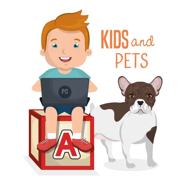 Мальчик с ноутбуком и собакой — стоковый вектор
